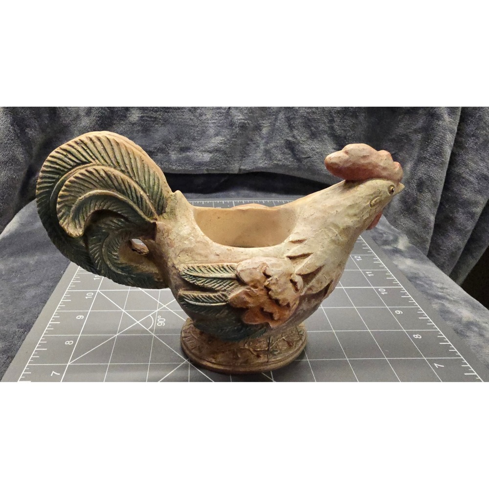 Vintage Rustic Rooster Planter Figurine Hand Carved Style Farmhouse Decor 7.5in
